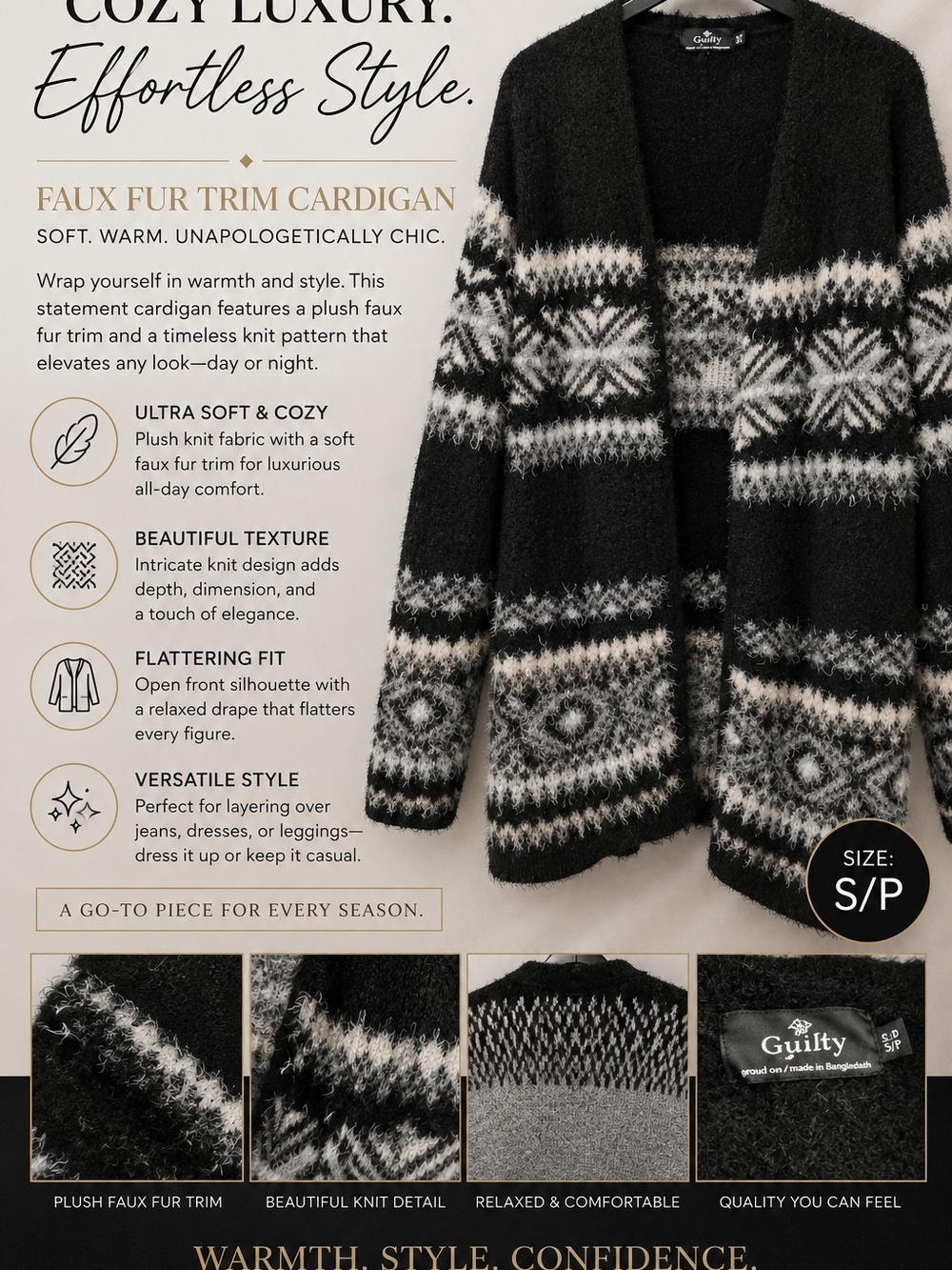 Black & White Faux Fur Trim Cardigan Sweater